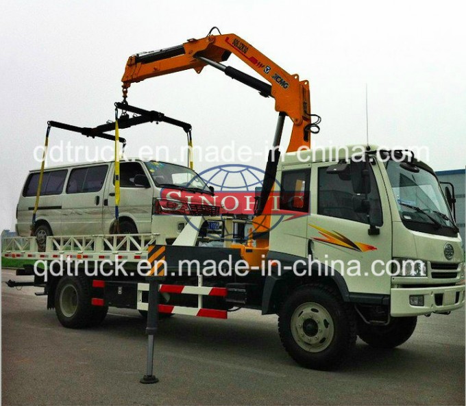 FAW Articulated Boom Crane Wrecker Truck, 3 Tons Crane Flatbed Wrecker Truck Image1