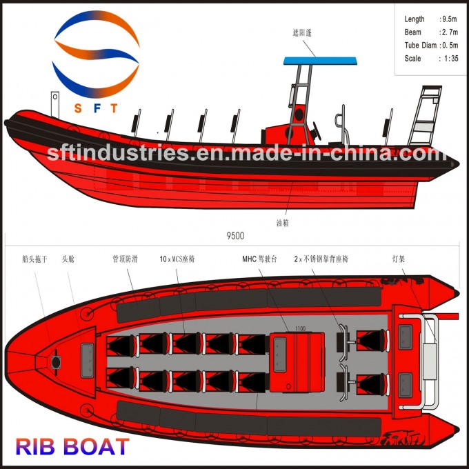9.5m FRP/Hypalon/PVC China Fishing Fast Speed Boat Image1