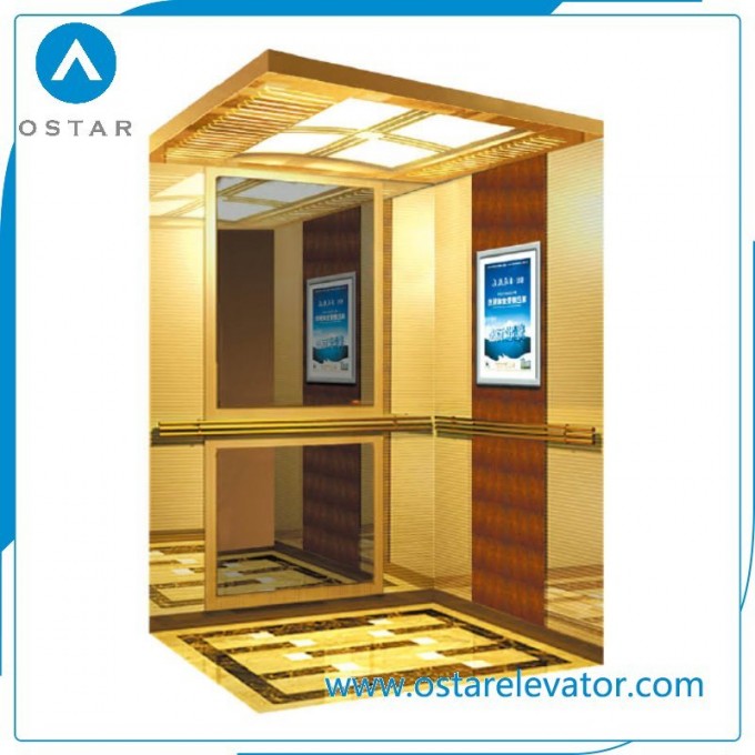 450~1000kg Machine Roomless Passenger Elevator with Golden Titanium Etching Cabin Image1