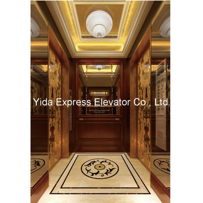 Passenger Elevator with Wood Veneer and Golden Mirror Stainless Steel Image1