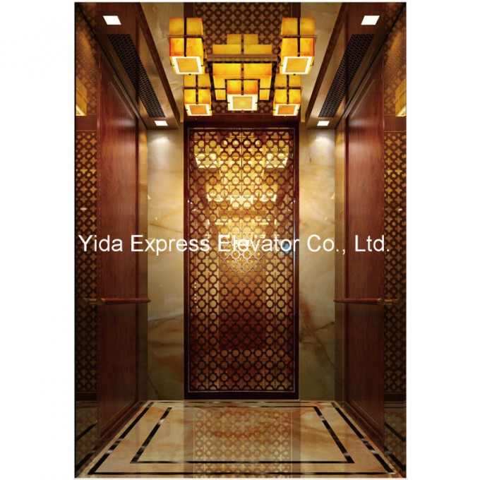 Gearless Passenger Elevator with Wood Carving and Golden Mirror Stainless Steel Image1