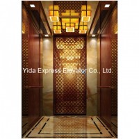 Gearless Passenger Elevator with Wood Carving and Golden Mirror Stainless Steel
