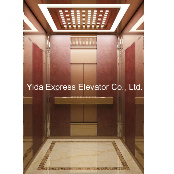 Gearless Passenger Elevator with Simulated Leather Veneer and Rose-Gold Mirror Stainless Steel Image1