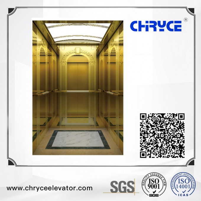 Golden Mirror Etching Sightseeing Home Passenger Elevator with Machine Room Image1
