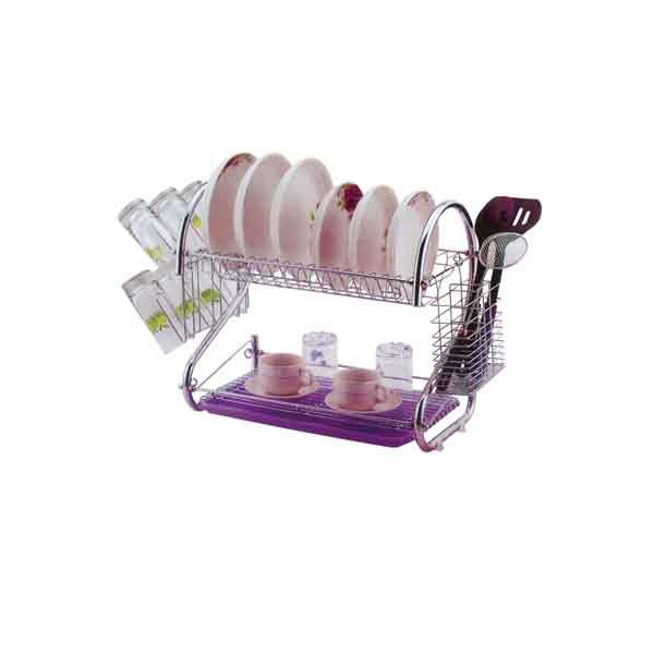 Free Standing Dual-Tier Metal Dish Rack with Draining Plate Image1