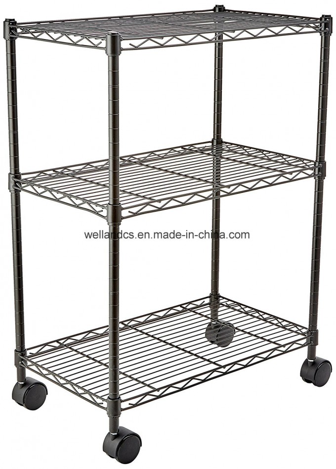 Multi-Purpose 3 Tiers Epoxy Black Steel Storage Wire Rack with Wheels Image1
