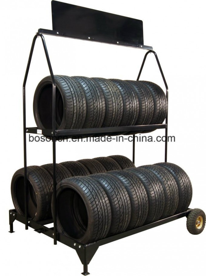 3-Tire Tire Display Rack on Wheels Image1
