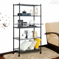 Adjustable DIY Assembly 5 Tiers Powder Coated Black Metal Storage Wire Shelf Shelving Rack with Whee