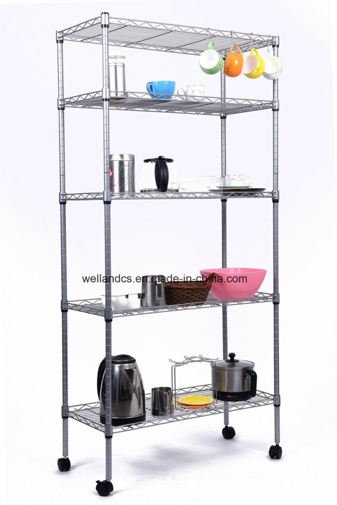 No Tools Assembly DIY 5 Tiers Adjustable Chrome Steel Wire Shelving Storage Rack with 2" Nylon  Image1