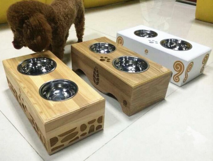 Wooden Cat Dog Pets Feeder with Two Raised Bowls Image1