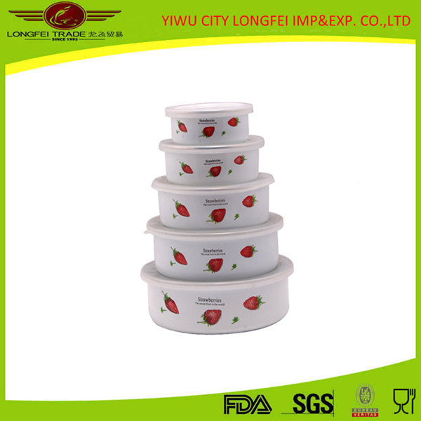 High Quality 5PCS Enamel Salad Bowl with Plastic Lid Image1