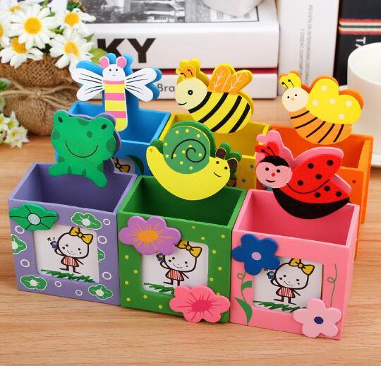 Lovely Wooden Cartoon Pen Container with Photo Frame Image1