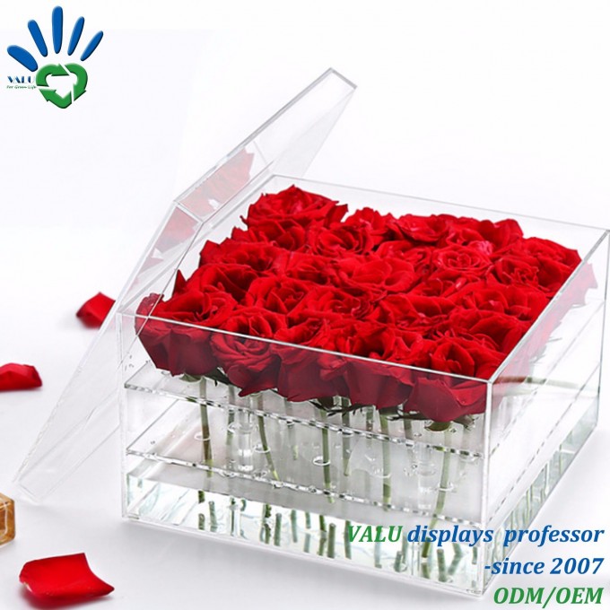 Acrylic Flower Packaging Box with Drawer, Clear Acrylic Rose Box, Clear Acrylic Flower Display Conta Image1