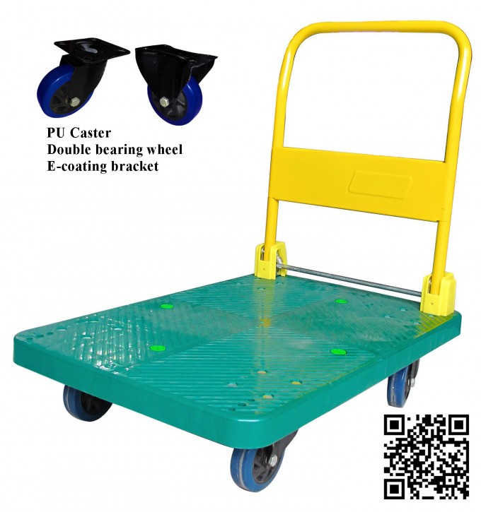 300kg Green Plastic Platform Foldable Hand Trolley with PU Caster Image1