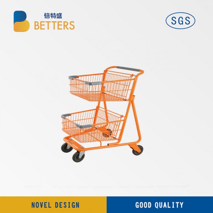 High Quality 84 L 2 Tier Grocery Shopping Cart/Double Baskets Metallic Shopping Trolley for Sale Image1