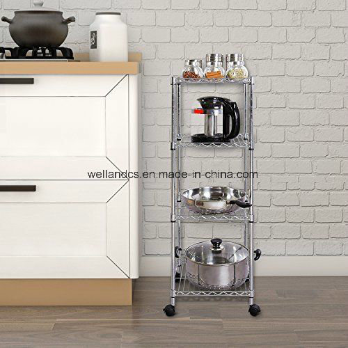 Mobile 4 Shelf DIY Chrome Metal Kitchen Pantry Pan and Pot Lid Storage Organizer Rack Trolley Image1