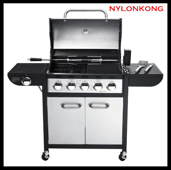 Wholesale 5-Burners OEM Outdoor Courtyard and Camping Gas BBQ Grill Trolley with Side Burner Image1
