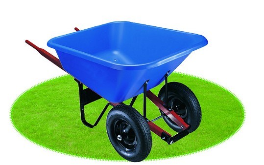 Blue Poly Tray and Wood Handles Wheelbarrow Image1