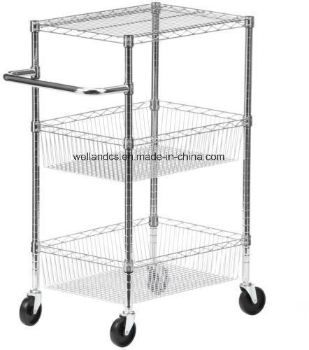 Rolling 3 Tiers NSF Heacy Duty Industrial Steel Wire Storage Trolley with Basket Image1