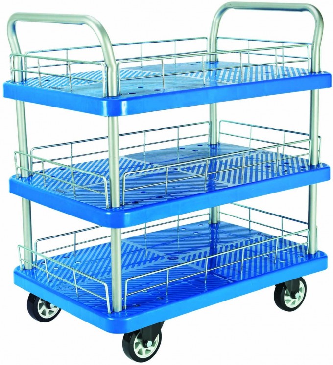 150kg Triple Decker Plastic Hand Truck Service Trolley with Guardrail Image1