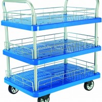 150kg Triple Decker Plastic Hand Truck Service Trolley with Guardrail