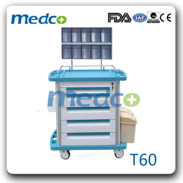 Medical Plastic Cart/ Hospital ABS First Aid Nursing Anesthesia Trolley with Lid Dustbin Image1