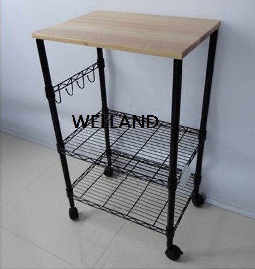 Black 3 Tier Metal Kitchen Cart Trolley with MDF Top Image1
